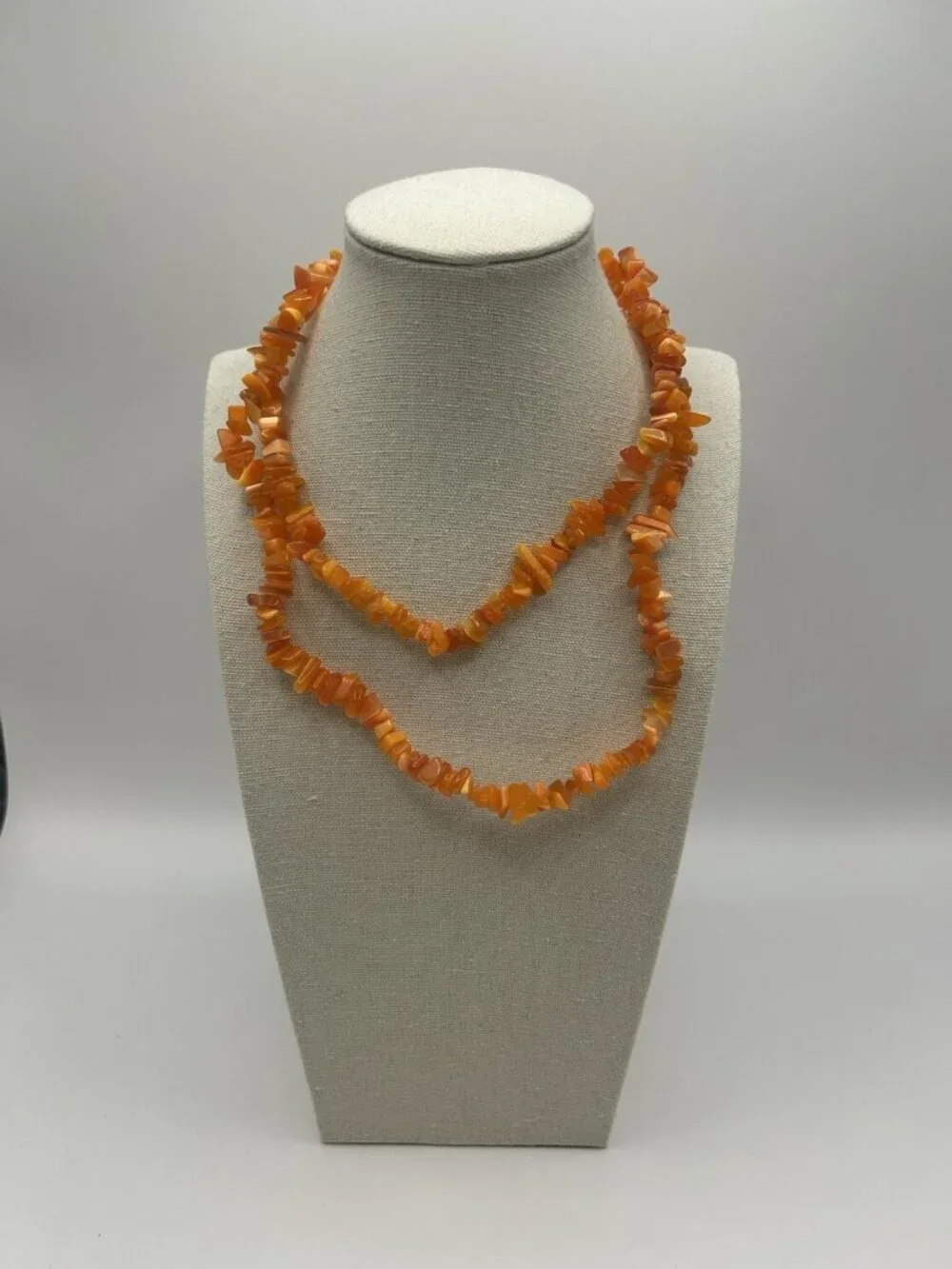 Orange Cat’s Eye Glass Chip Necklace Long 32” Boho Statement Vintage Jewelry
